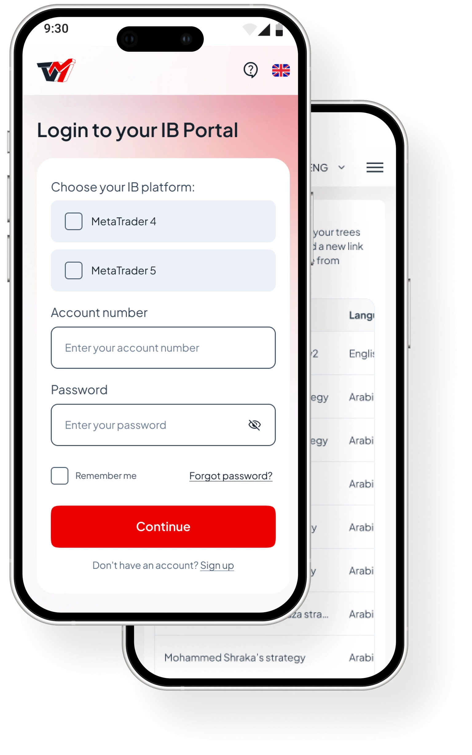 Two mobile phones display the login portal, showing how to become an IB in 3 easy steps on desktop.
